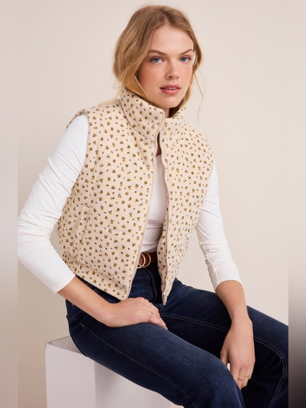 Floral Corduroy Puffer Vest Fall Autumn ONLY Ines Cream Quilted Zip Pockets S